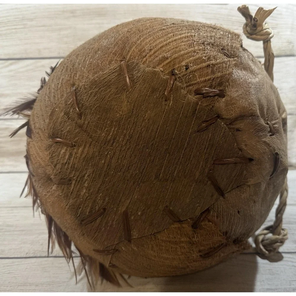 Vintage Handmade Native American Basket with Real Fur & Feathers Embellishments